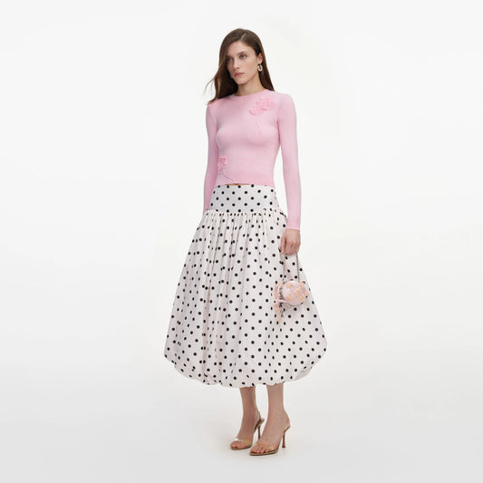 Cream Polka Dot Taffeta Midi Skirt