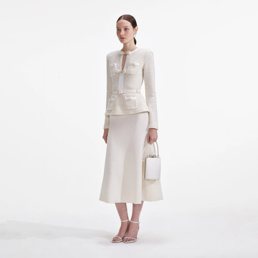 Cream Sequin Knit Tailored Midi Dress