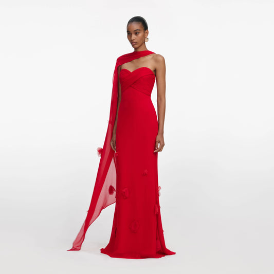 Red Georgette Flower Maxi Dress