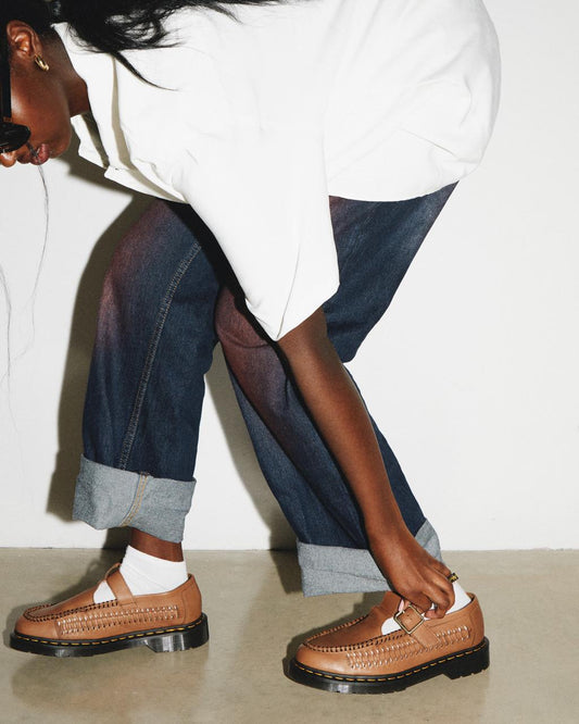 Adrian T-Bar Woven Leather Mary Jane Shoes