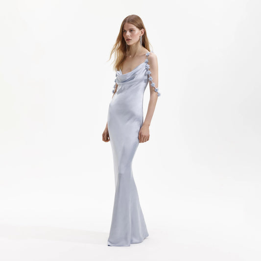 Blue Satin Flower Maxi Dress