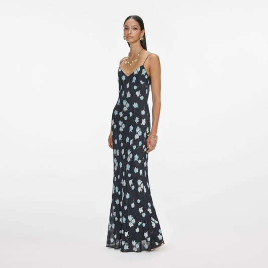 Navy Floral Rhinestone Maxi Dress