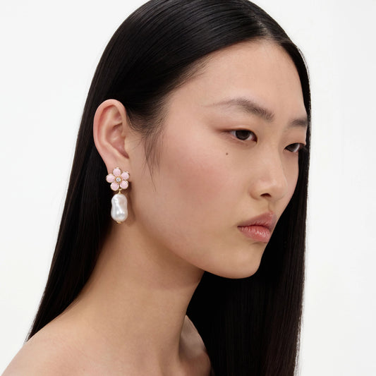 Pink Flower Pearl Drop Earrings