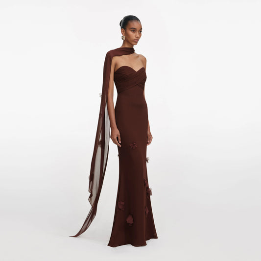 Brown Georgette Flower Maxi Dress