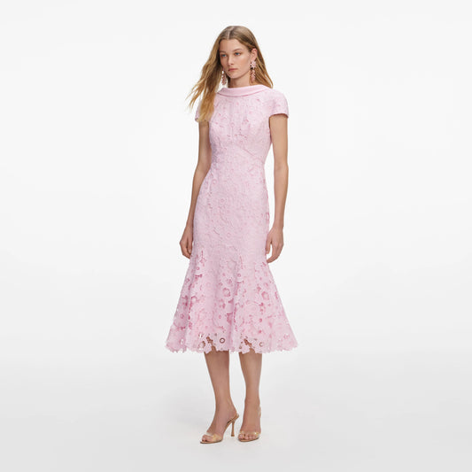 Pink Lace Scoop Back Midi Dress
