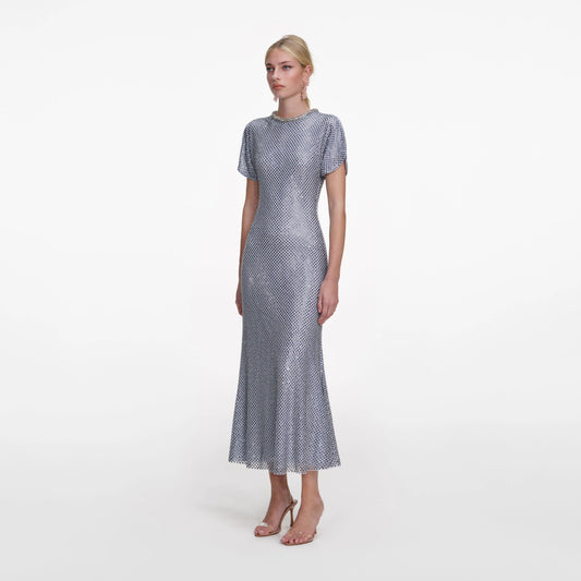 Blue Rhinestone Mesh Midi Dress
