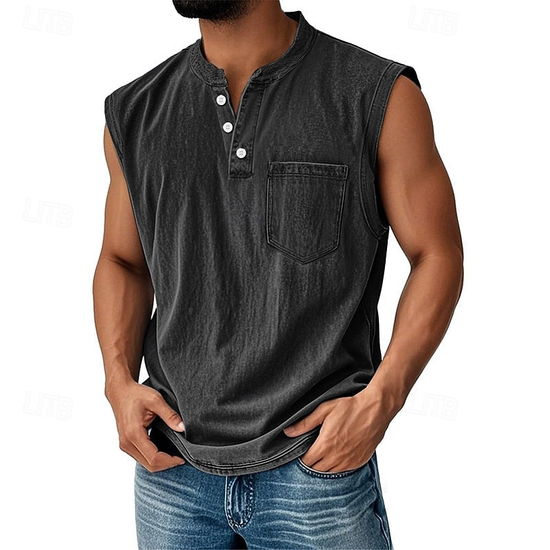 Men’s Acid Wash Cotton Tank – Sleeveless Henley with Pocket & Buttons