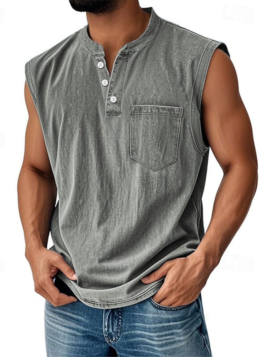 Men’s Acid Wash Cotton Tank – Sleeveless Henley with Pocket & Buttons