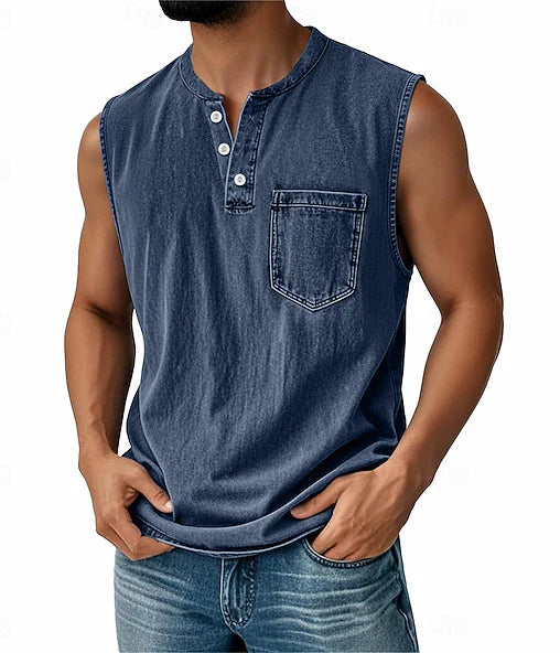 Men’s Acid Wash Cotton Tank – Sleeveless Henley with Pocket & Buttons
