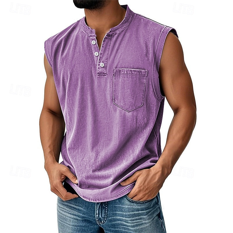 Men’s Acid Wash Cotton Tank – Sleeveless Henley with Pocket & Buttons
