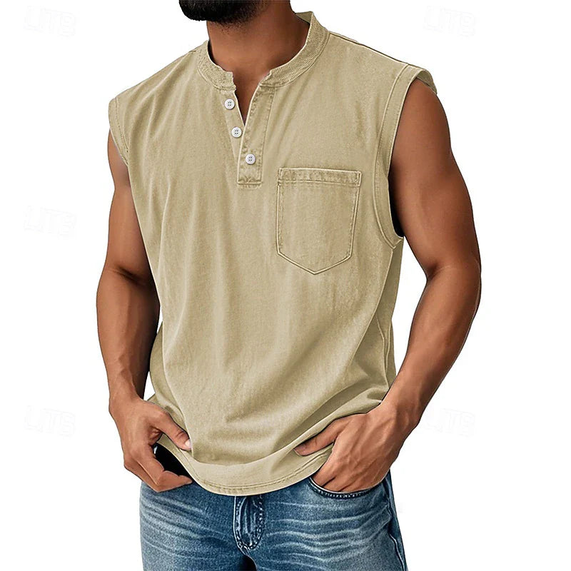 Men’s Acid Wash Cotton Tank – Sleeveless Henley with Pocket & Buttons