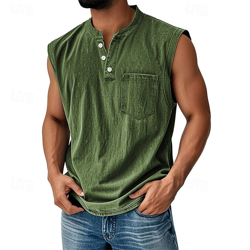 Men’s Acid Wash Cotton Tank – Sleeveless Henley with Pocket & Buttons