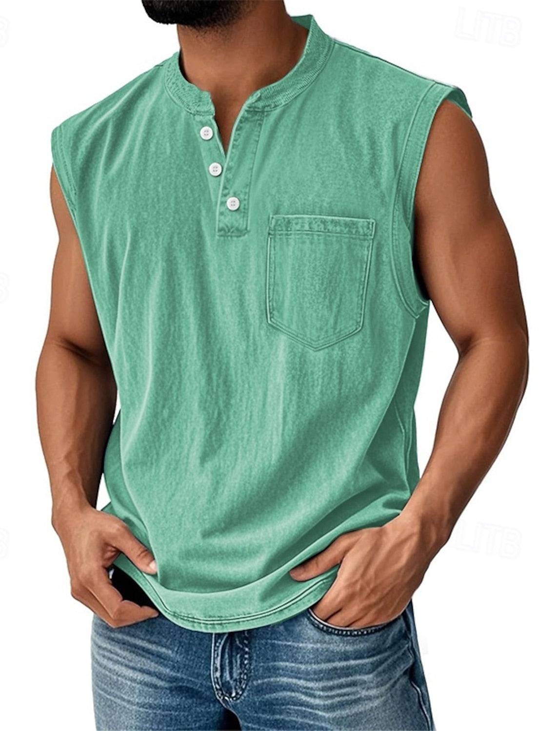 Men’s Acid Wash Cotton Tank – Sleeveless Henley with Pocket & Buttons