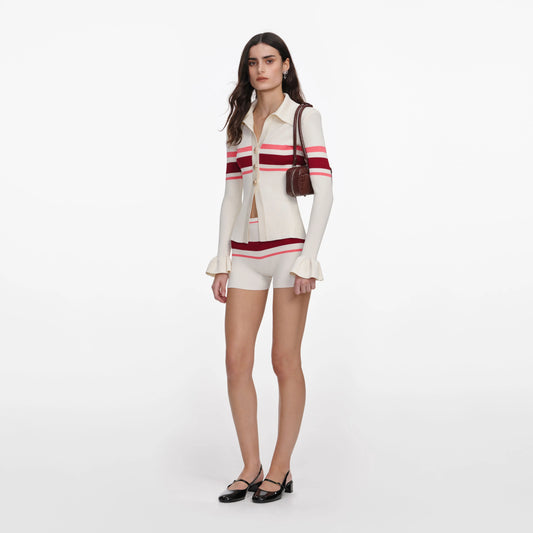 Cream Stripe Viscose Knit Button Top