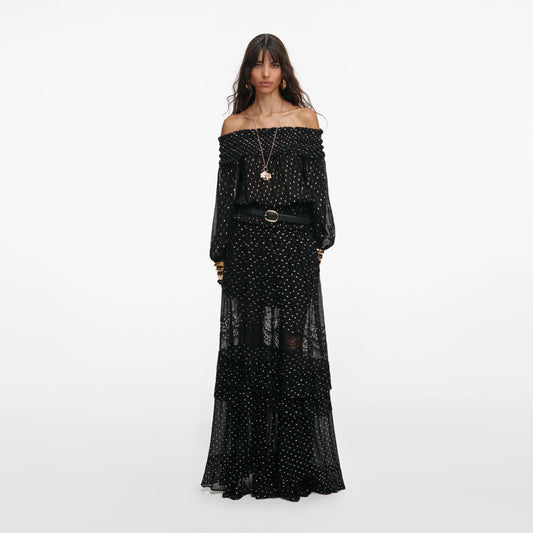 Black And Gold Chiffon Lace Maxi Skirt