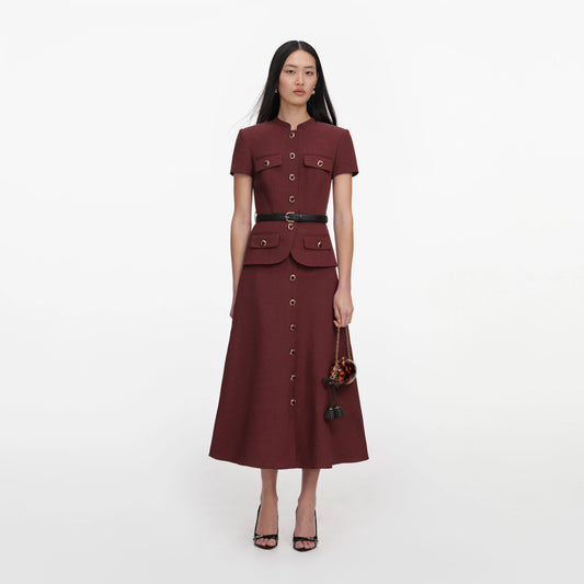 Brown Peplum Linen Blend Midi Dress