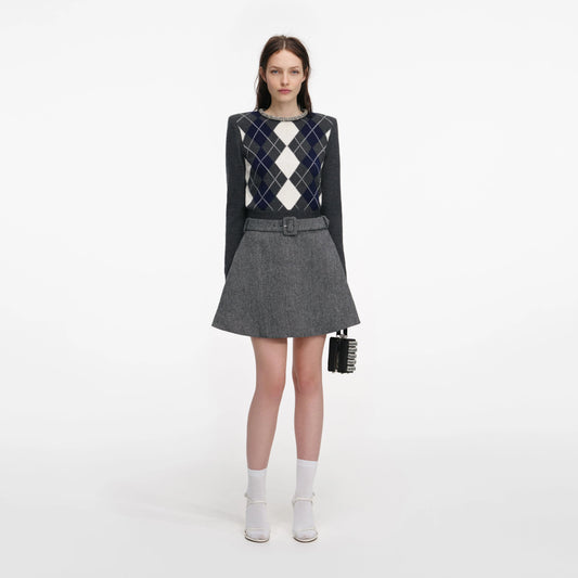 Grey Herringbone Flared Mini Skirt