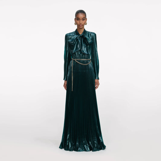 Green Metallic Tie Neck Maxi Dress