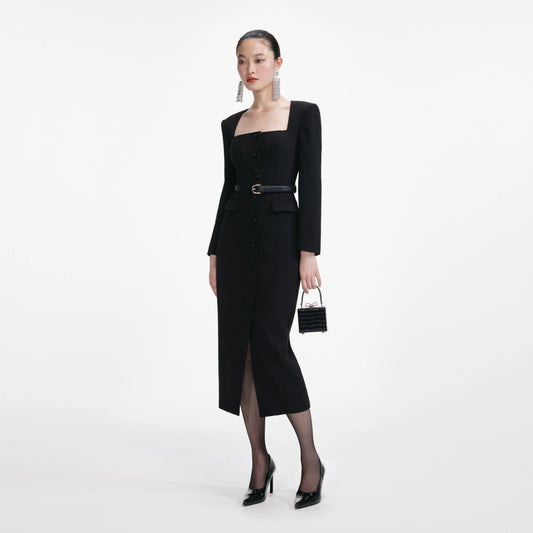 Black Tailored Crepe Midi Dress