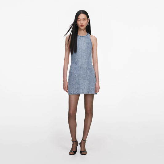 Rhinestone Croc Effect Denim Mini Dress