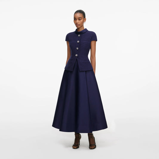 Navy Boucle Taffeta Midi Dress