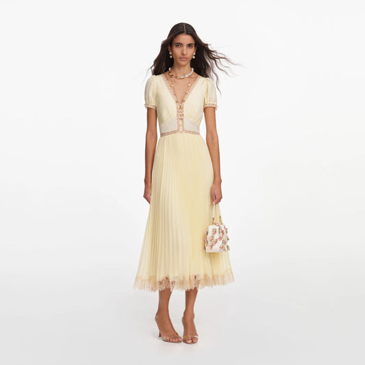 Yellow Viscose Pleated Lace Midi Dress