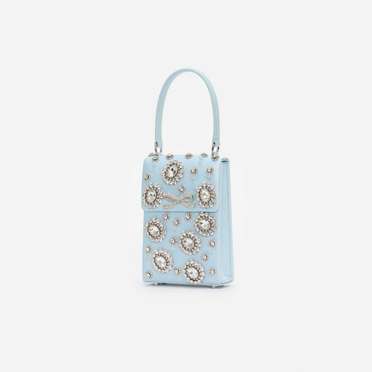 Blue Satin Crystal Mini Bow Bag