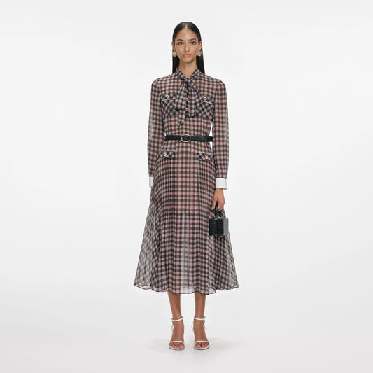 Brown Check Chiffon Midi Dress