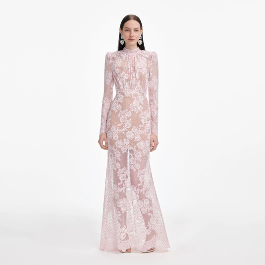 Pale Pink Rhinestone Lace Maxi Dress