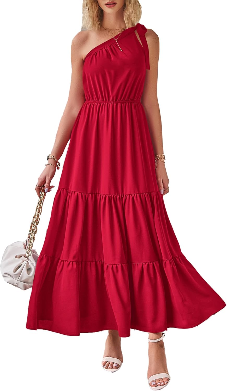 Women's Summer Floral One Shoulder Maxi Dress Knot Ruffle Boho Beach Vacation Wedding Guest Long Sun Dresses