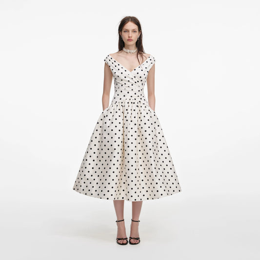 Cream Polka Dot Cotton Midi Dress