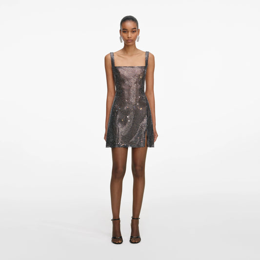 Gunmetal Rhinestone Mesh Mini Dress