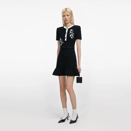 Black Floral Textured Knit Mini Dress