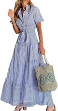 Womens Casual Short Sleeve Button Down Tie Waist Ruffled Striped Maxi Shirt Dress