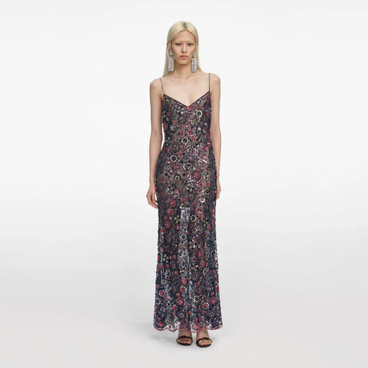 Navy Floral Sequin Maxi Dress