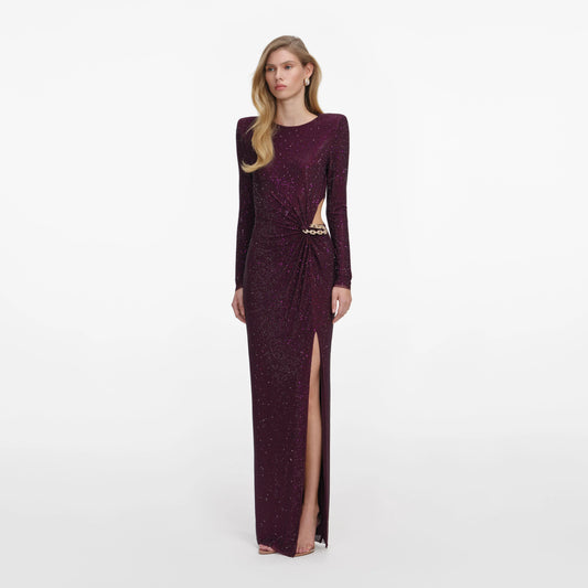 Burgundy Rhinestone Embellished Maxi Dress