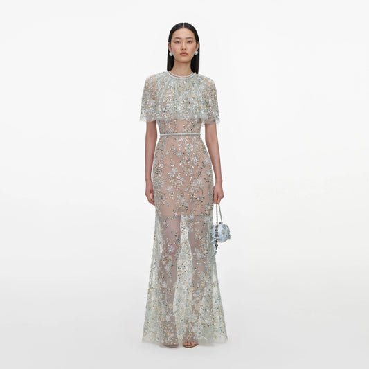 Mint Embellished Cape Maxi Dress