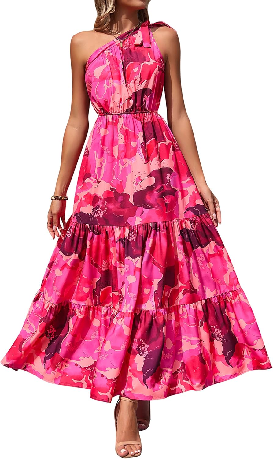 Women's Summer Floral One Shoulder Maxi Dress Knot Ruffle Boho Beach Vacation Wedding Guest Long Sun Dresses