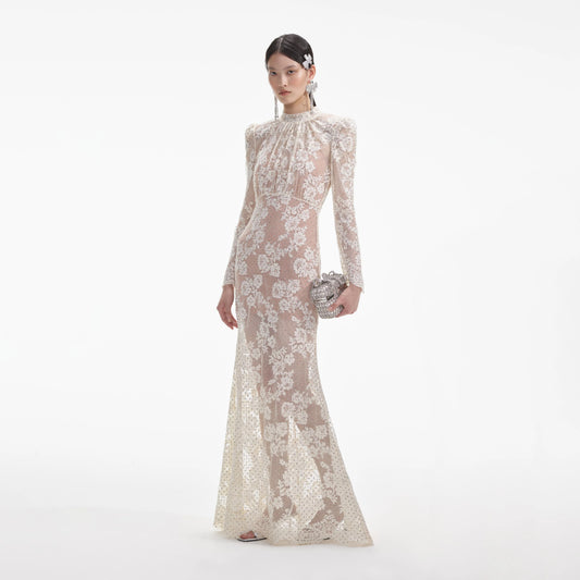 White Rhinestone Lace Maxi Dress