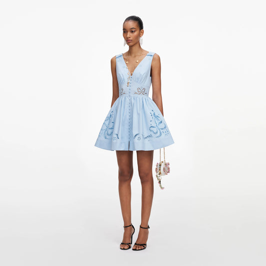 Blue Cotton Embroidered Mini Dress