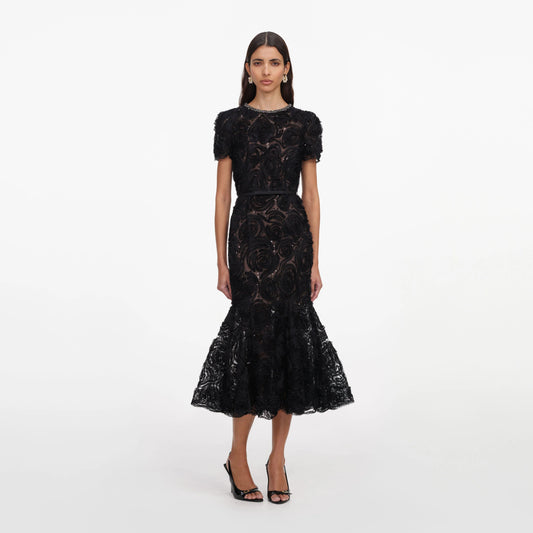 Black Tulle Lace Sequin Midi Dress