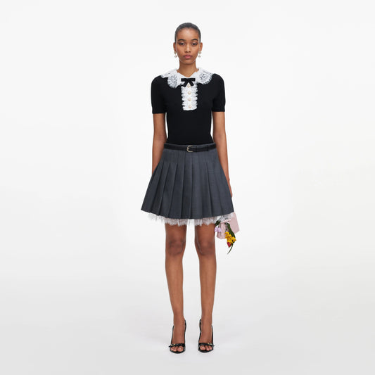 Black Knit Lace Collar Top