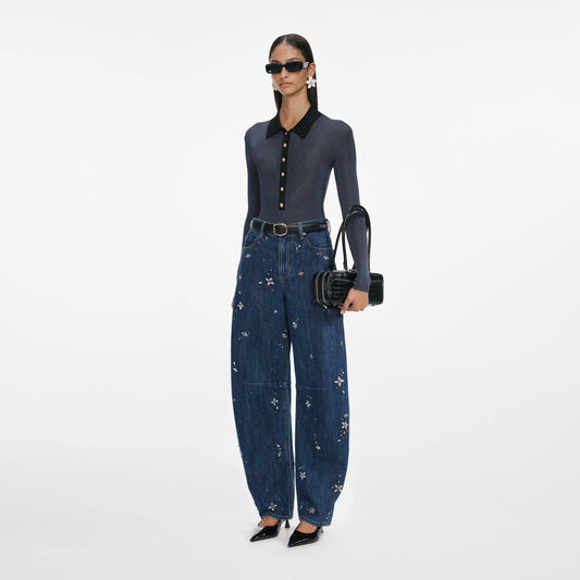Blue Embellished Barrel Leg Jeans