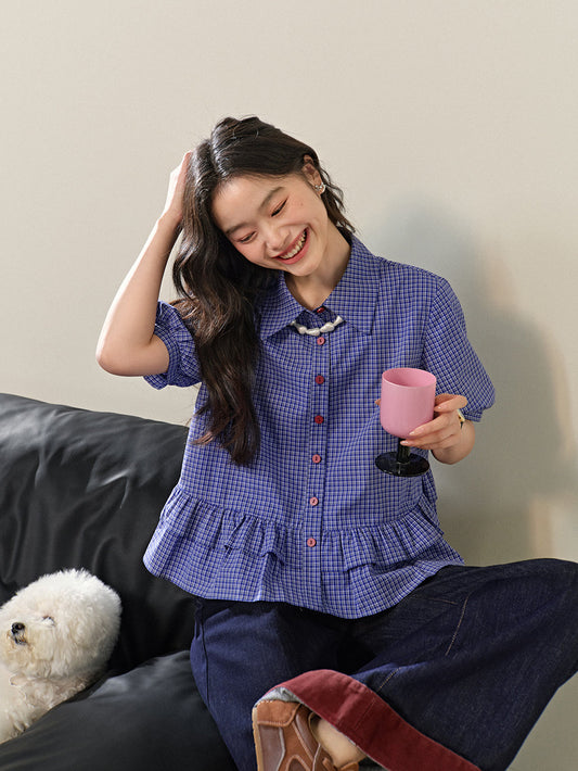 Blue Plaid Ruffle Blouse