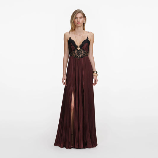 Brown Satin Lace Insert Maxi Dress