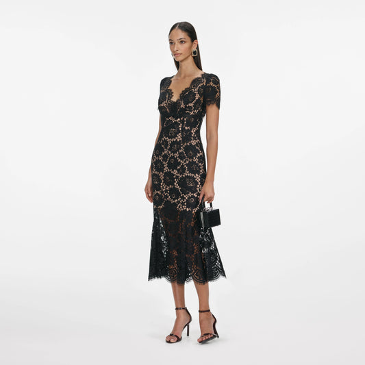 Black Floral Lace Midi Dress