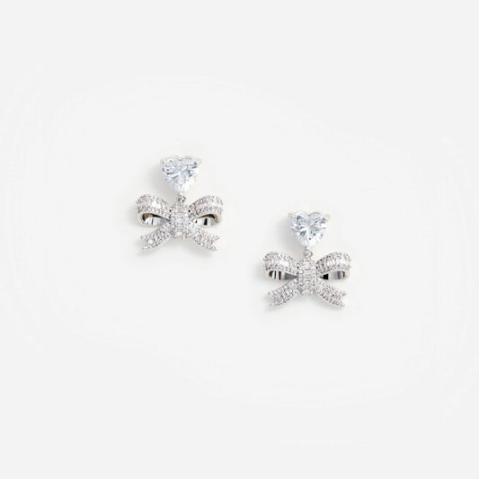 Crystal Heart Bow Drop Earrings