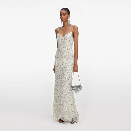 Cream Floral Sequin Maxi Dress