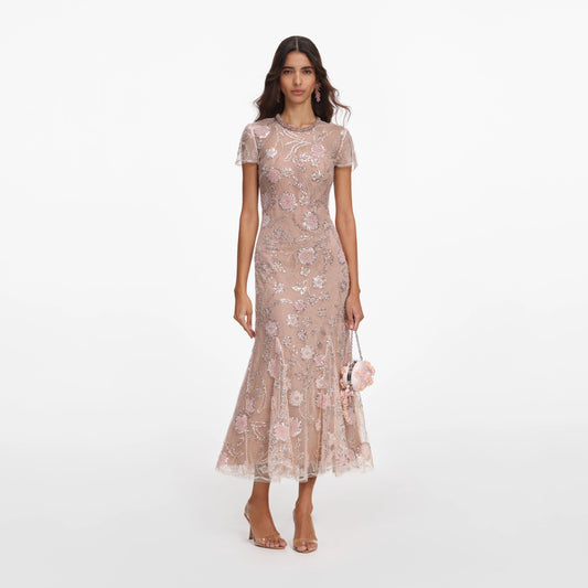 Pink Flower Sequin Embellished Midi Dress