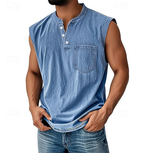 Men’s Acid Wash Cotton Tank – Sleeveless Henley with Pocket & Buttons